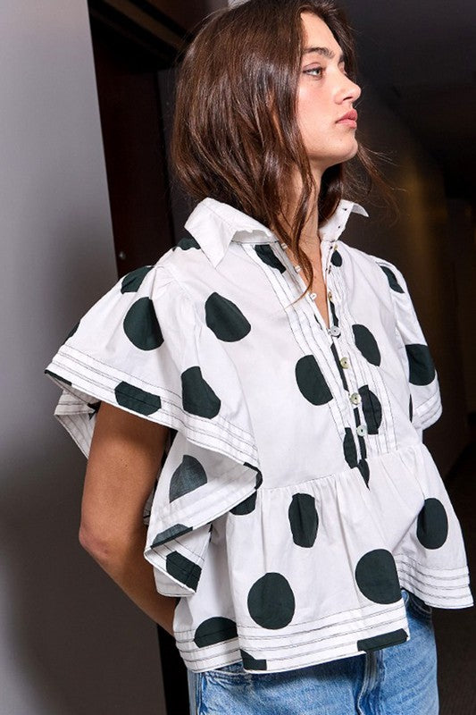 Lucia Ruffle Sleeves Polka Dot Print Top