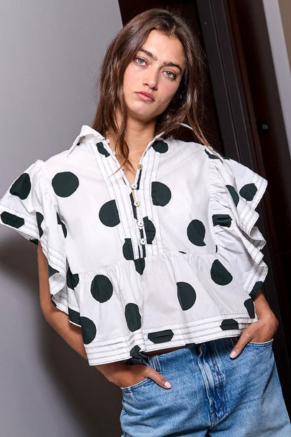 Lucia Ruffle Sleeves Polka Dot Print Top