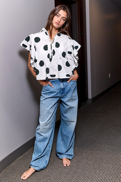 Lucia Ruffle Sleeves Polka Dot Print Top