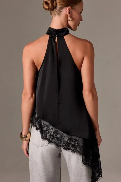 Midnight Muse Satin Lace Trim Halter Top