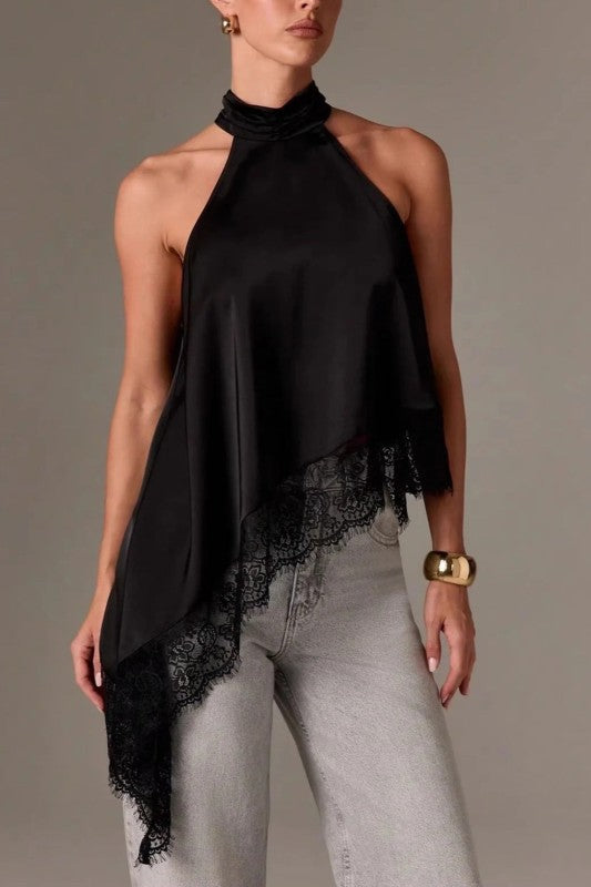 Midnight Muse Satin Lace Trim Halter Top