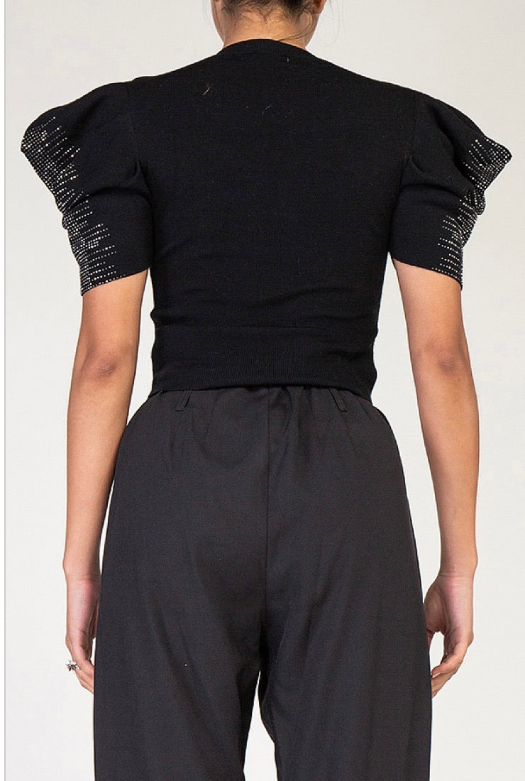 Short Puff Sleeve with Rhinestone Trim Crop Top