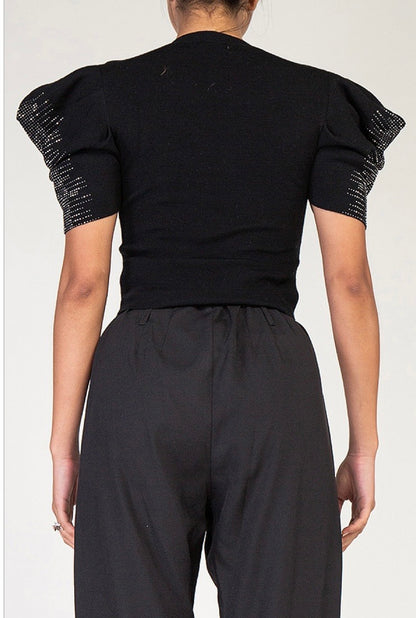 Short Puff Sleeve with Rhinestone Trim Crop Top
