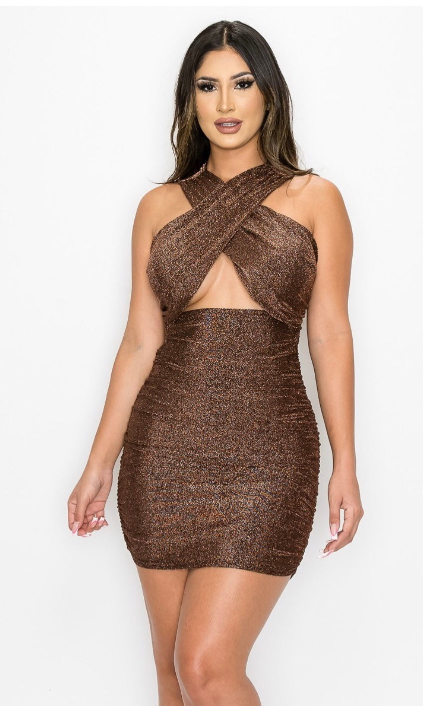 METALLIC GLITTER CROSSOVER FRONT CUT OUT DRESS