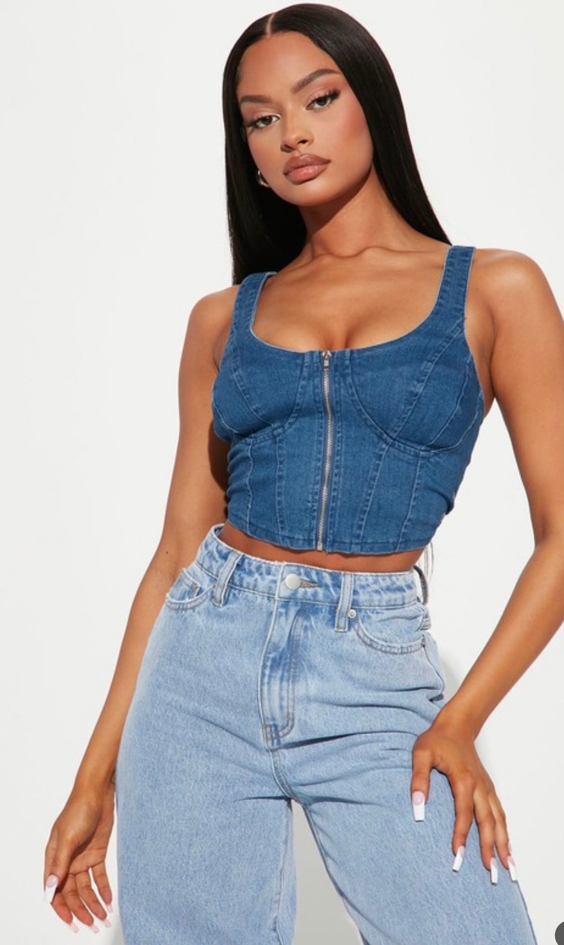 Denim crop top zipper front