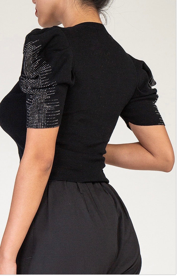 Short Puff Sleeve with Rhinestone Trim Crop Top