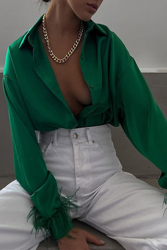 Satin fashion women green top