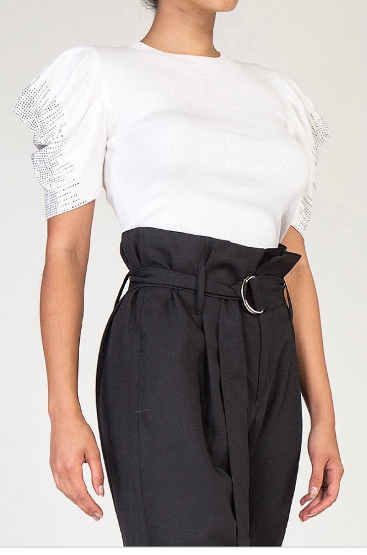 Short Puff Sleeve with Rhinestone Trim Crop Top